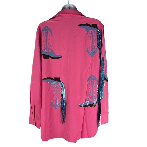 Blue B. Collection Hot Pink Sequin Cowboy Boot Print Button-Down Shirt Size M - Picture 2 of 8